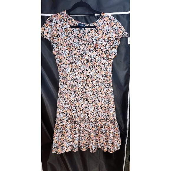 Daytrip Dresses & Skirts - Daytrip Womens Floral V-Neck Mini Dress Orange Pink Blue Ruffle Hem Size Large